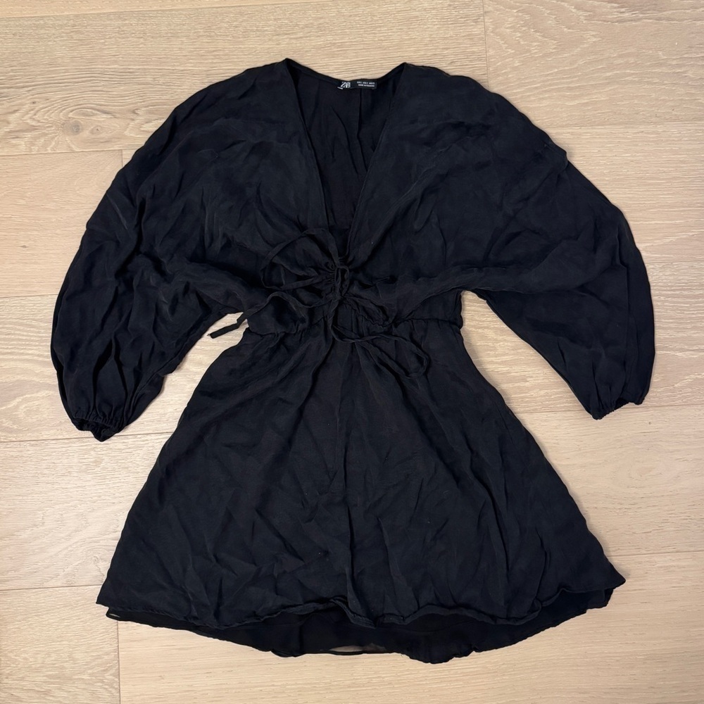 ZARA Black Solid V-Neck and Ruched Draped Front Mini Dress  S - Picture 3 of 5